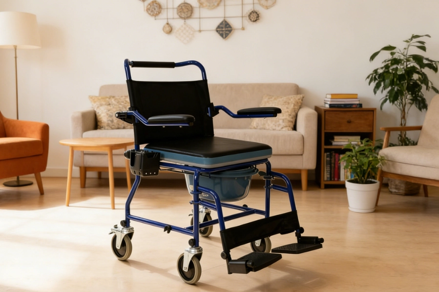 4-in-1 Bedside Commode, Shower Chair with Lockable Wheels