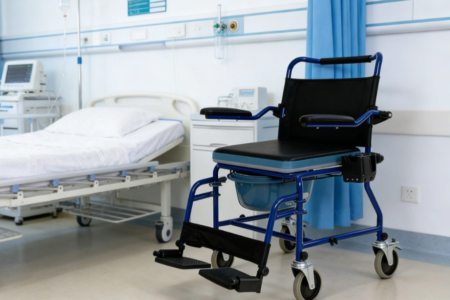 4-in-1 Bedside Commode, Shower Chair with Lockable Wheels, Height Adjustable Rolling Toilet Chair