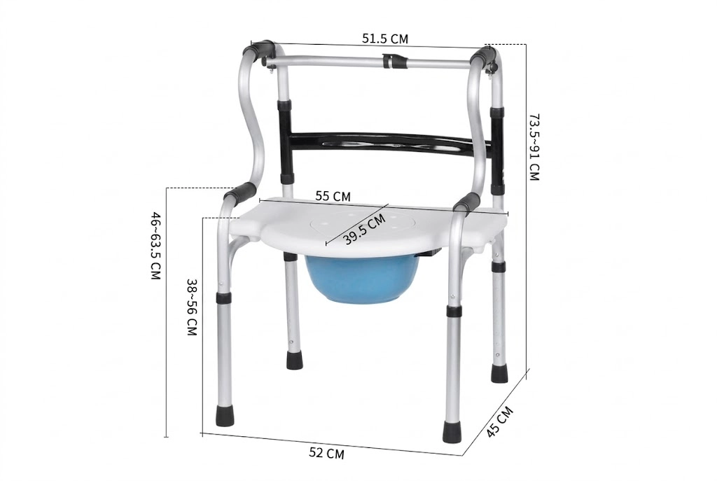 The dual folding bathroom walker seat model uses an aluminum frame, supports 136KG, and weighs 3.9KG net